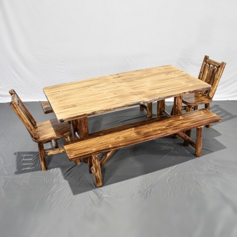 Amish Cedar Wood Table with Attached Benches