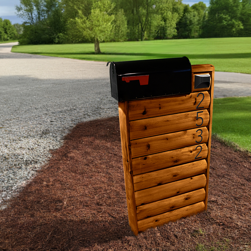Cedar mailbox stand installed at home entrance